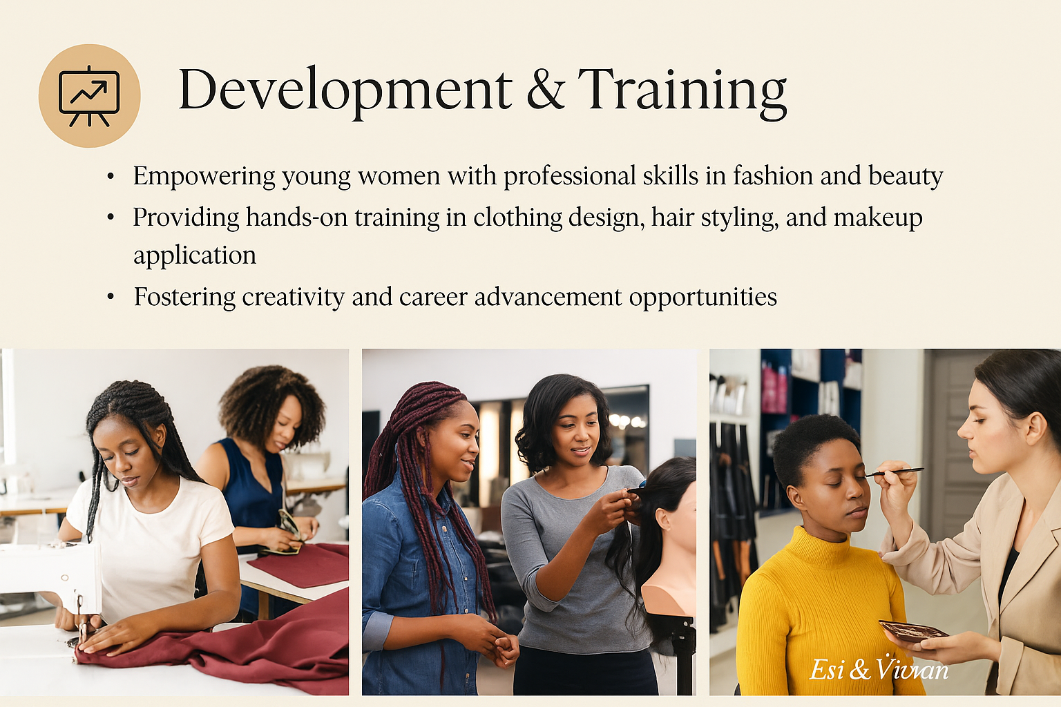 Young women learning fashion design and beauty skills at Esi & Vivian
